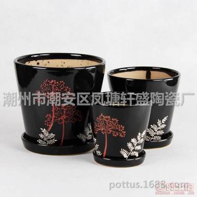 【廠家直銷室內桌面臺上陽臺辦公桌套三陶瓷花盆-001印花黑】潮州市潮安區鳳塘軒盛陶瓷廠 - 產品庫